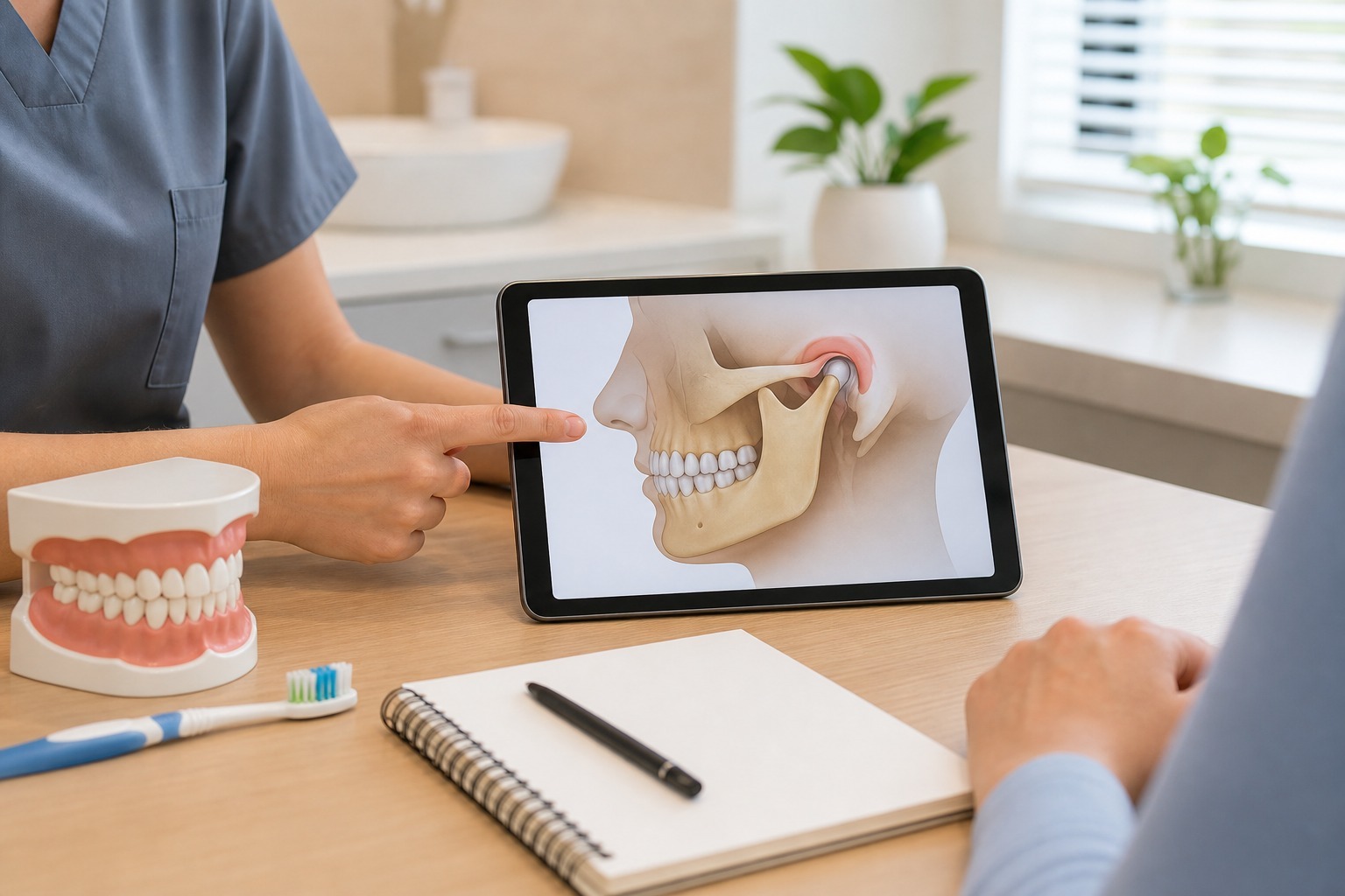 Dentist explaining jaw pain and teeth grinding symptoms
