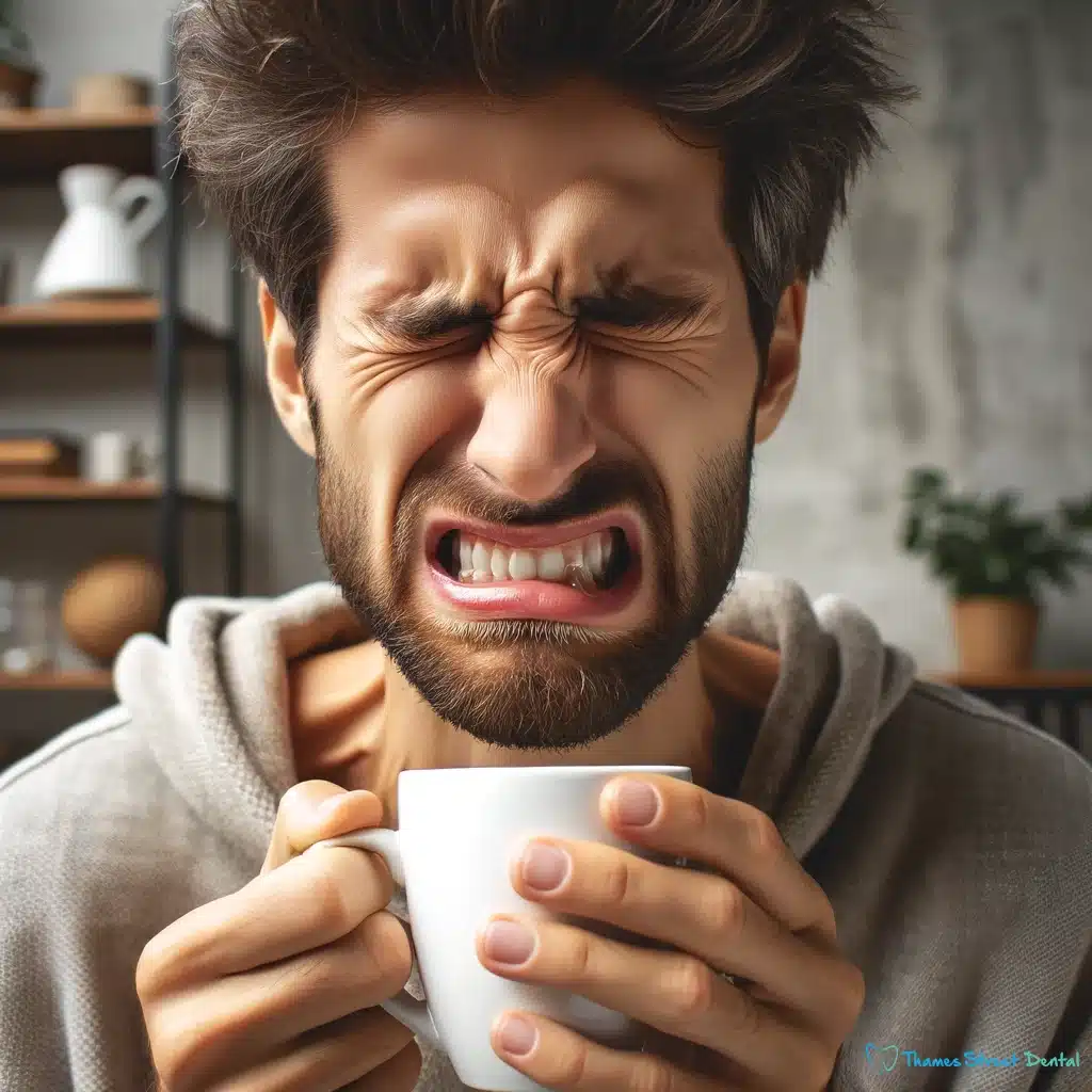 Sensitive Teeth - Man Wincing with Hot Drink